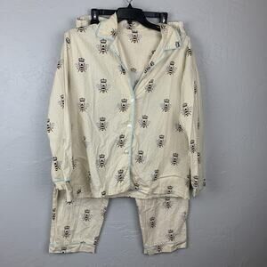 The Cat's Pajamas Pajama Set Womens Large White Bee Crown Top Pants Long Sleeve